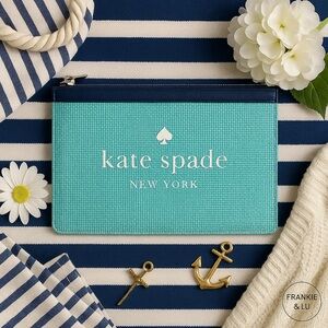 Kate Spade New York Mint Woven Canvas Zip Pouch | Leather Trim Clutch | NWT
